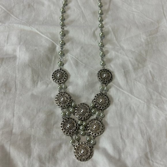 Medallion Silver & Pearl Statement Necklace - Picture 7 of 9